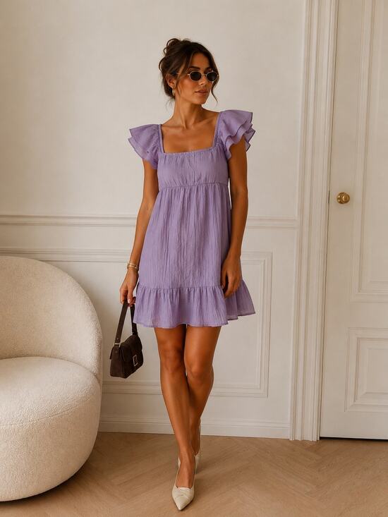 Rewind Dresses & Skirts - Rewind Lavender Mini Dress XS Flutter Sleeve Smocked Cottagecore Babydoll Boho